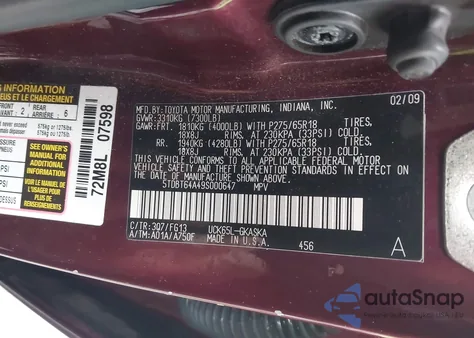 2009 Toyota Sequoia Sr5 4.7L V8 z USA, uszkodzony, nr VIN 5TDBT64A49S000647